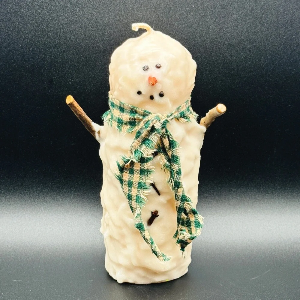 Rustic Snowman Pillar Candle Primitive Holiday Decor Plaid Scarf Stick Arms